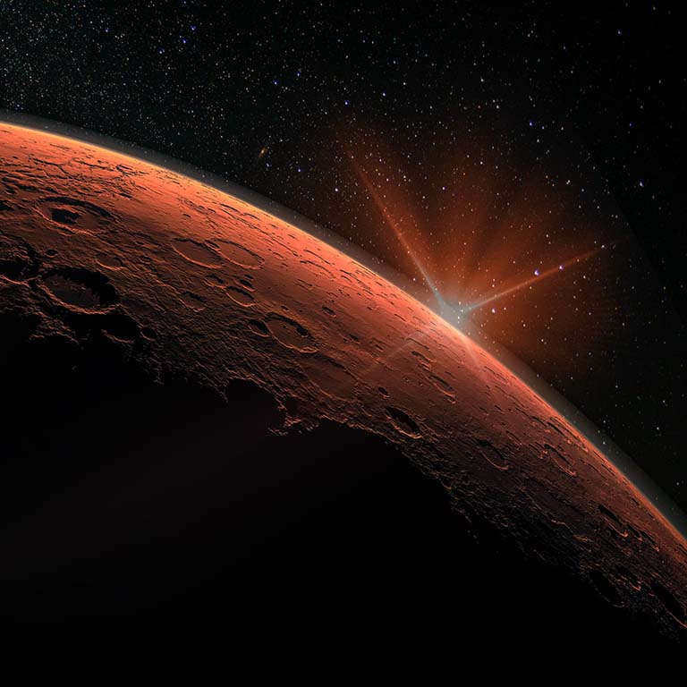 Mars high resolution image. Mars is a planet of the solar system. Sunrise with lens flare. Elements of this image furnished by NASA.